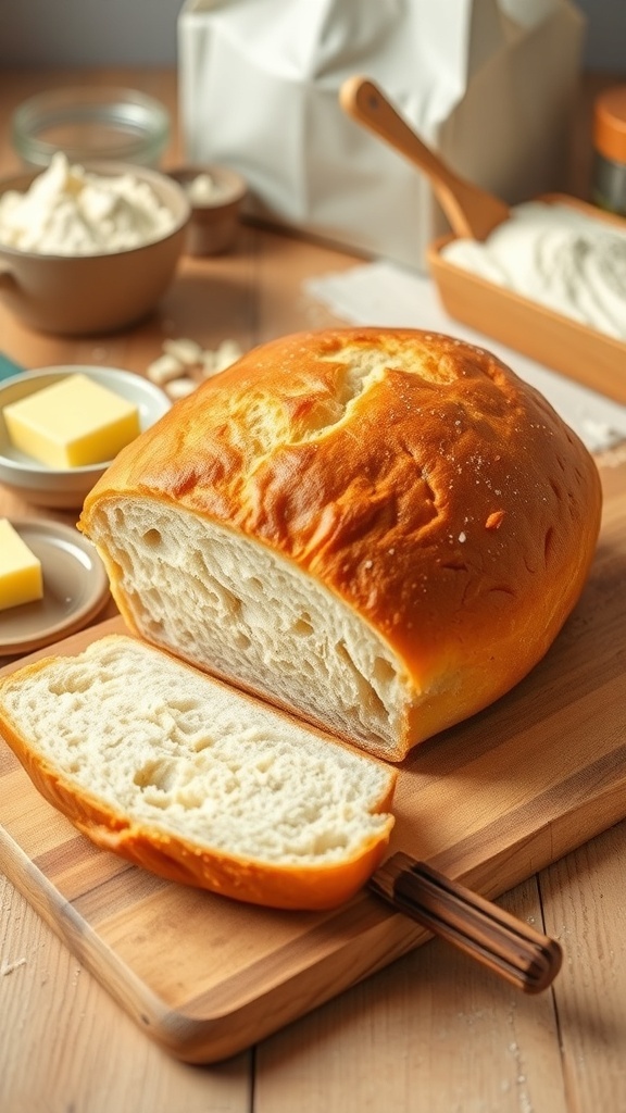 A golden-brown loaf of bread on a cutting board, sliced to show its fluffy interior, with butter on the side.
